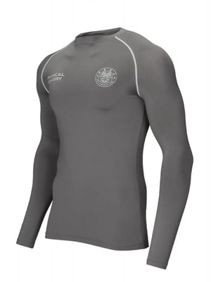 Dark gray long sleeve performance fit crew neck t-shirt with white piping and chest logo.