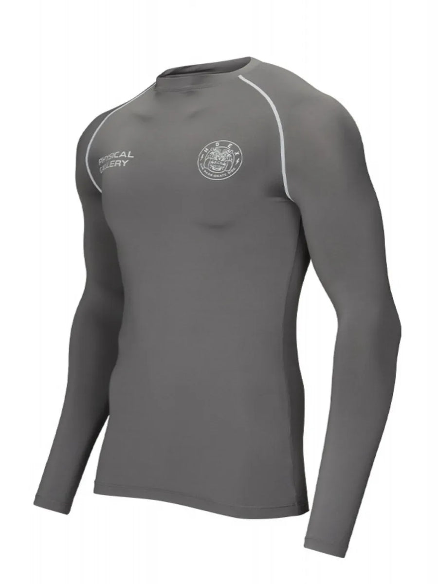 Dark gray long sleeve performance fit crew neck t-shirt with white piping and chest logo.