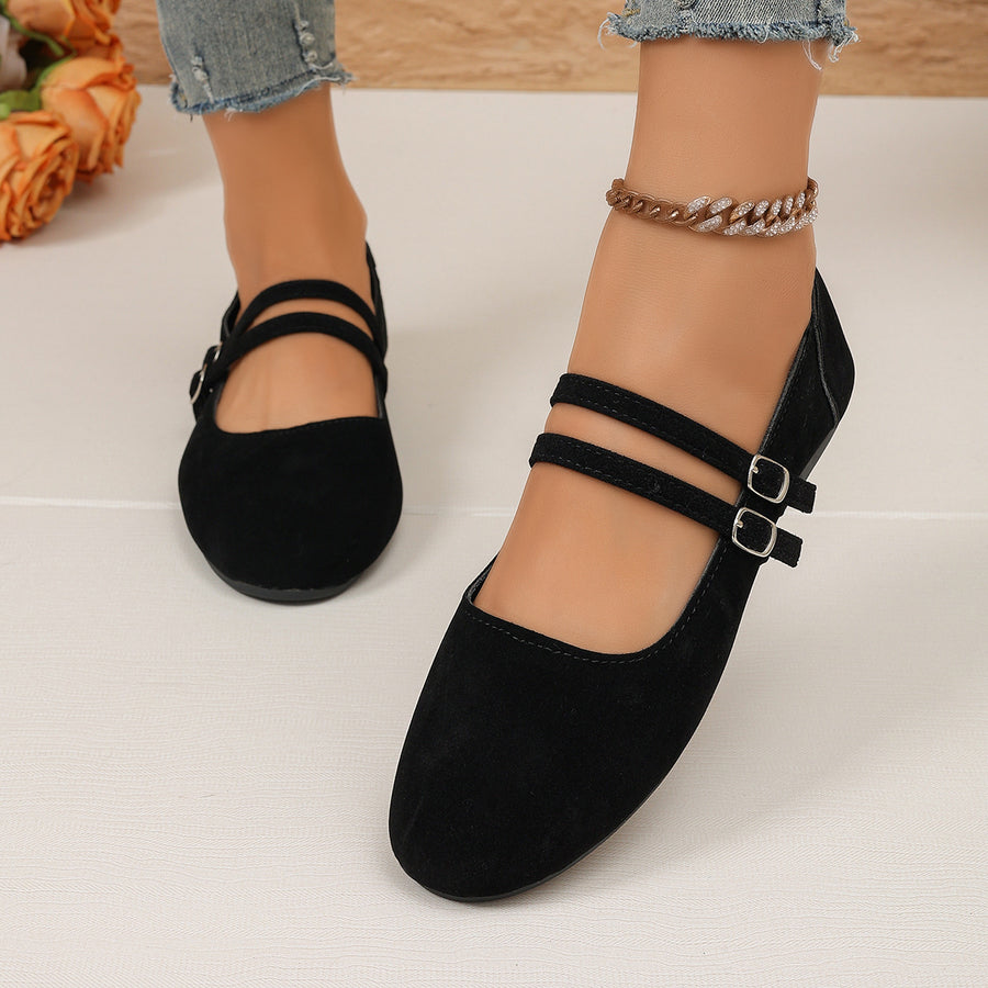 Round Toe Slip-On Mary Jane Flats in light tan with round toe