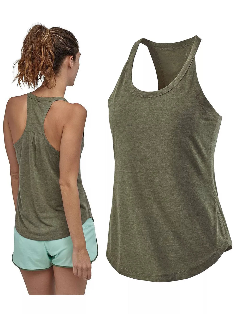 Olive green heathered tank top with racerback and subtle pleats on back.