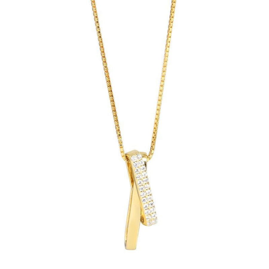 Gold sterling zircon pendant necklace with crossover design on box chain.