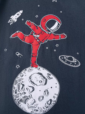 Children's dark gray cotton tee with astronaut and rocket graphic print