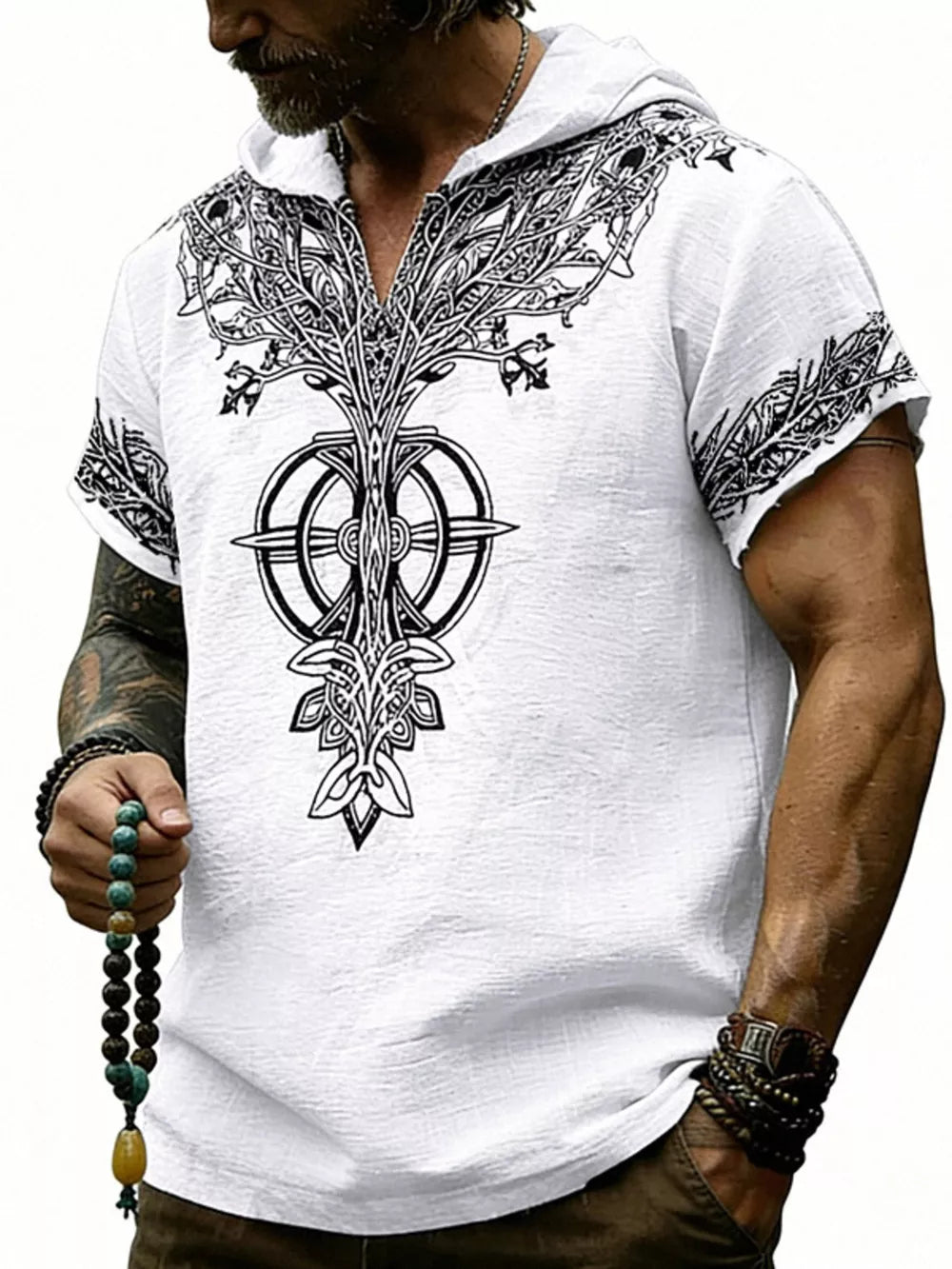Men's Full Size Printed Hooded Short Sleeve Top in White, view 19