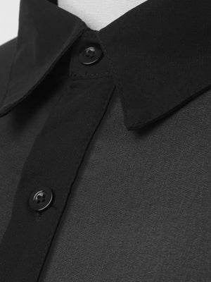Black sheer silk button-down shirt with collar and button detail.