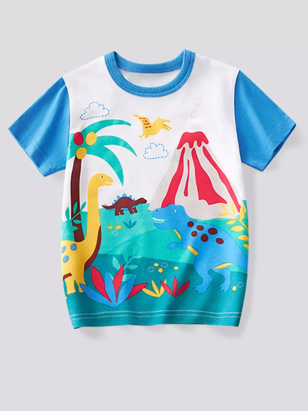 Kids blue short sleeve t-shirt with dinosaur and volcano graphic print