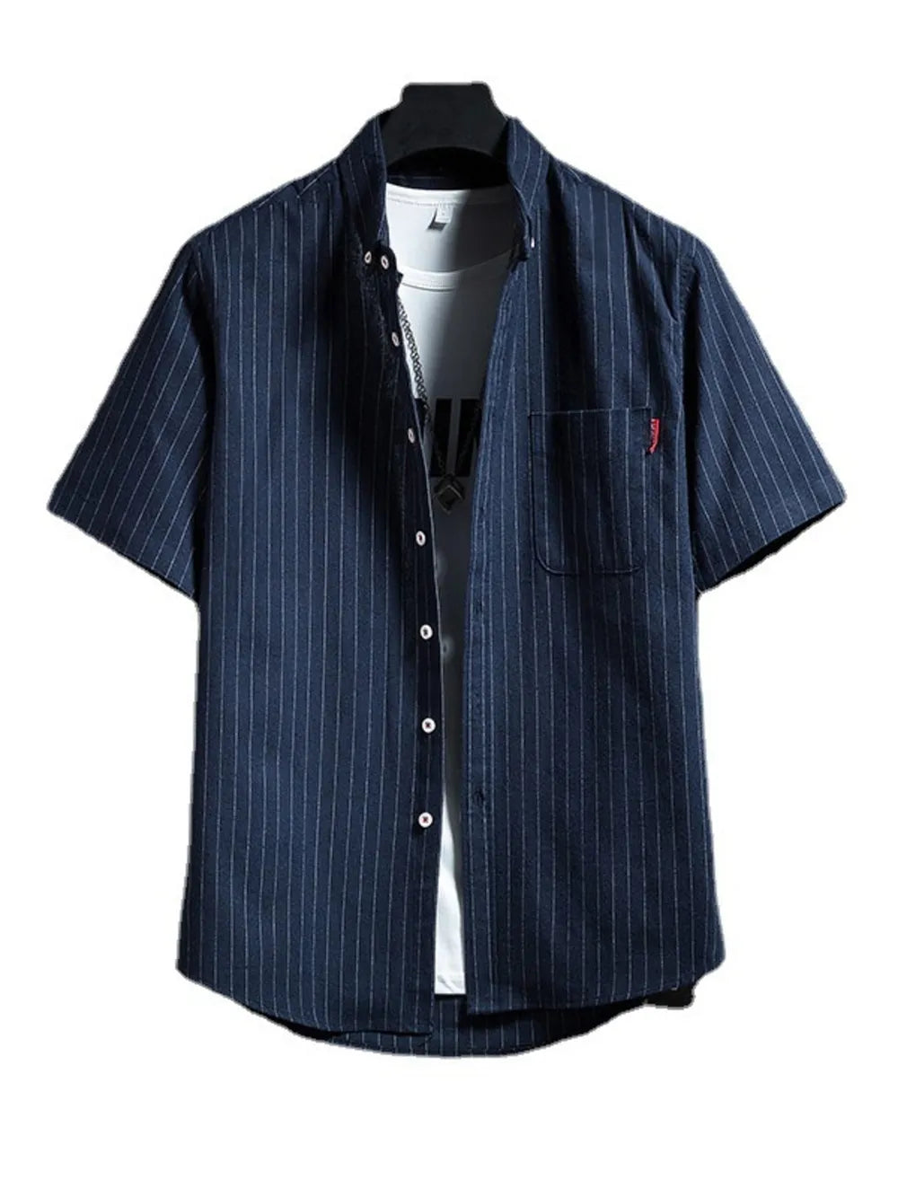 Navy blue striped short sleeve buttoned shirt with chest pocket, worn over a white tee.