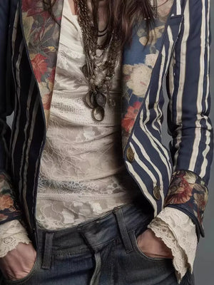 blazer in Blue with striped, floral and buttoned