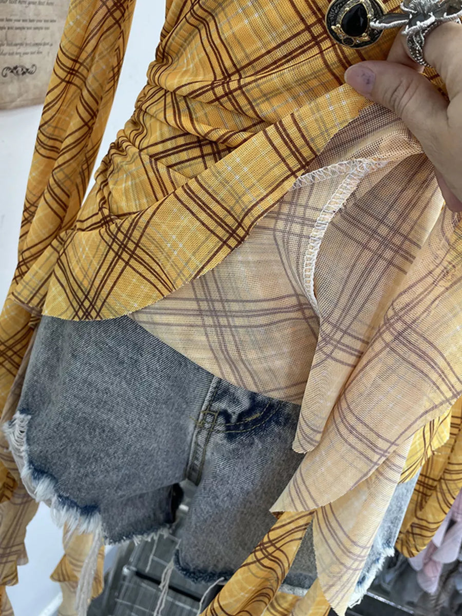Yellow plaid asymmetrical ruffle hem maternity overshirt with ruched detail.