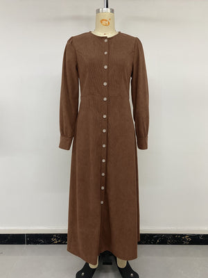 chocolate brown maxi dress with button-front and ribbed