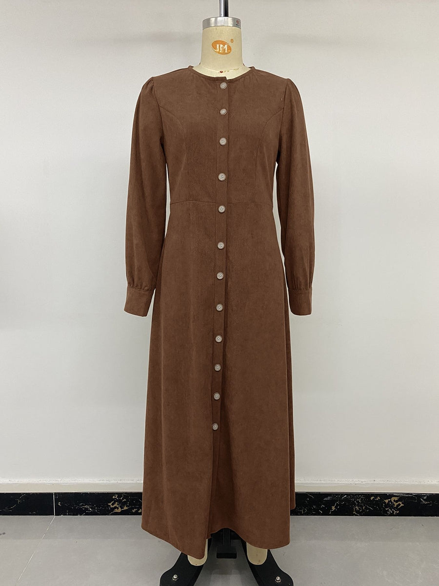 chocolate brown maxi dress with button-front and ribbed