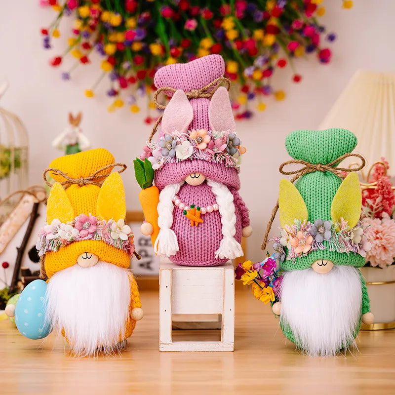 Easter gnome companions in pink, green, and yellow with bunny ears and floral accents.