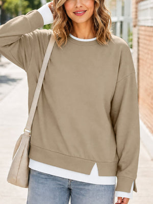 Crewneck Sweatshirt With Contrast Ribbed Trim in Mocha