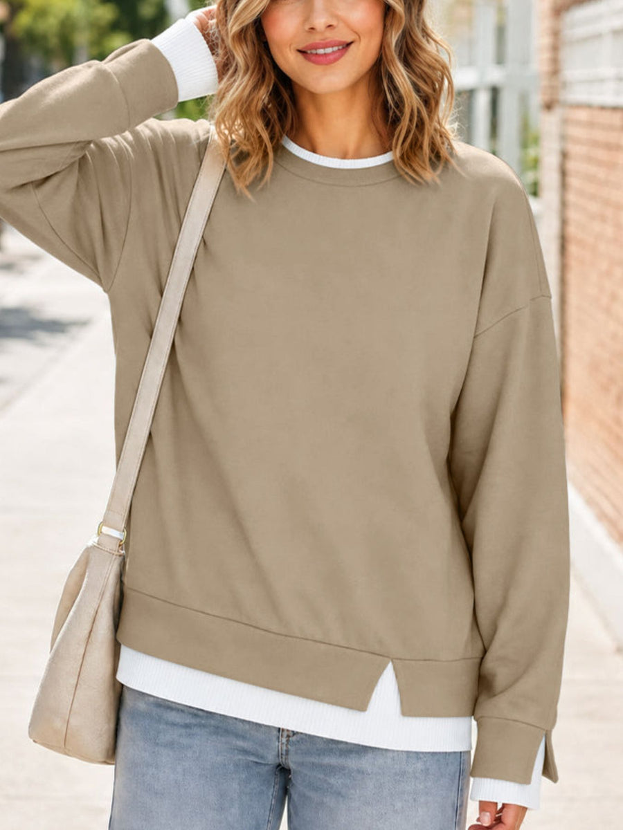 Crewneck Sweatshirt With Contrast Ribbed Trim in Mocha