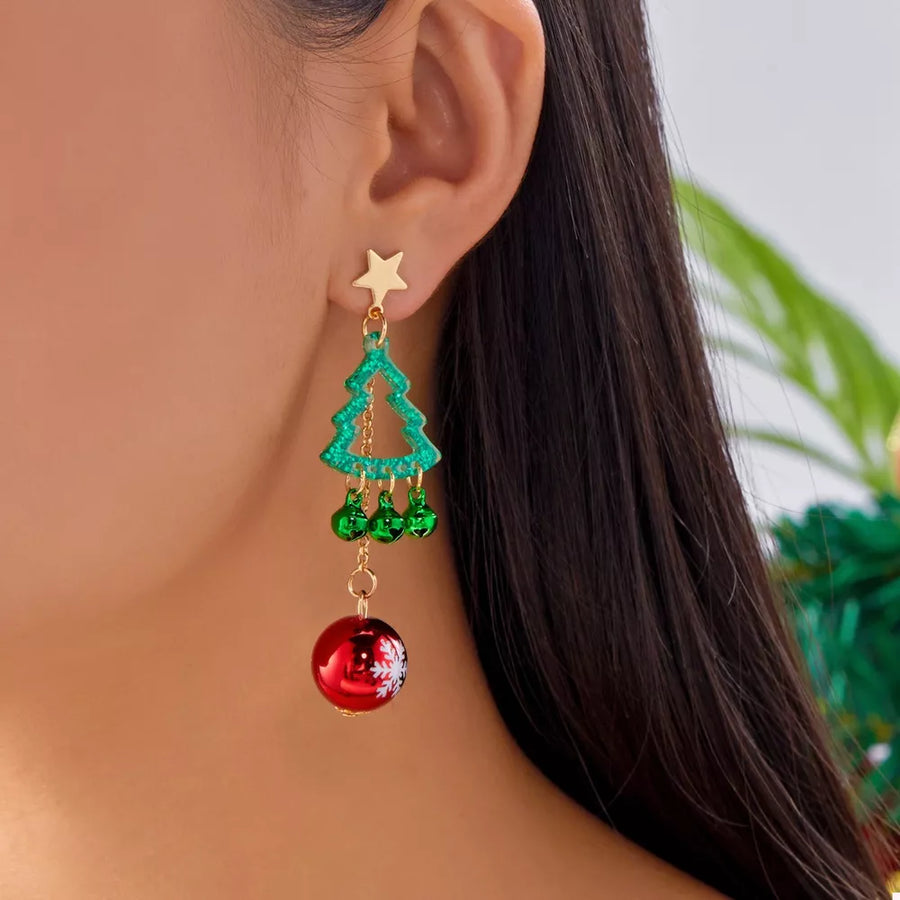 cherry red earrings featuring dangle and Christmas tree and snowflake motif