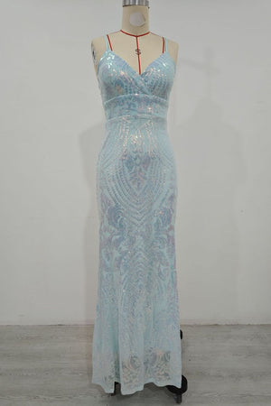 light blue formal gown with lined and spaghetti strap