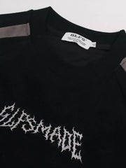 Black athletic t-shirt with embroidered graphic and grey shoulder details.