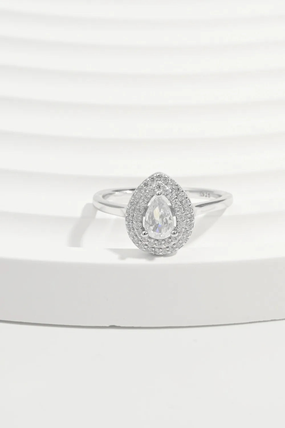 Silver double halo pear cut ring with clear stones