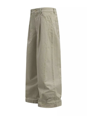 Khaki cotton sweatpants with wide legs, button closure, belt loops, and pleated front.