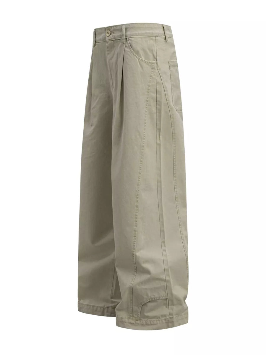 Khaki cotton sweatpants with wide legs, button closure, belt loops, and pleated front.