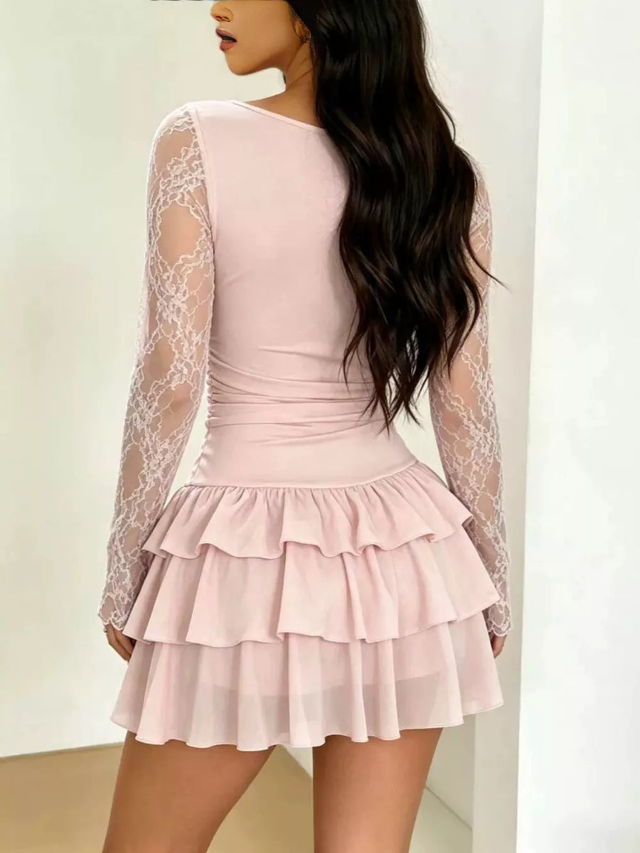White Lace Sleeve Ruffle Layered Mini Dress