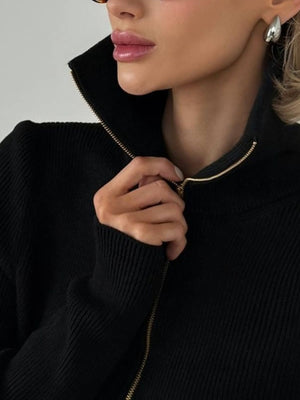 Ribbed Knit Quarter-Zip Sweater in Brown with zipper