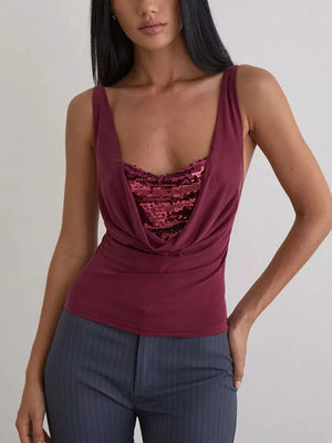 Burgundy sequin ruched cowl neck tank top with a draped neckline.