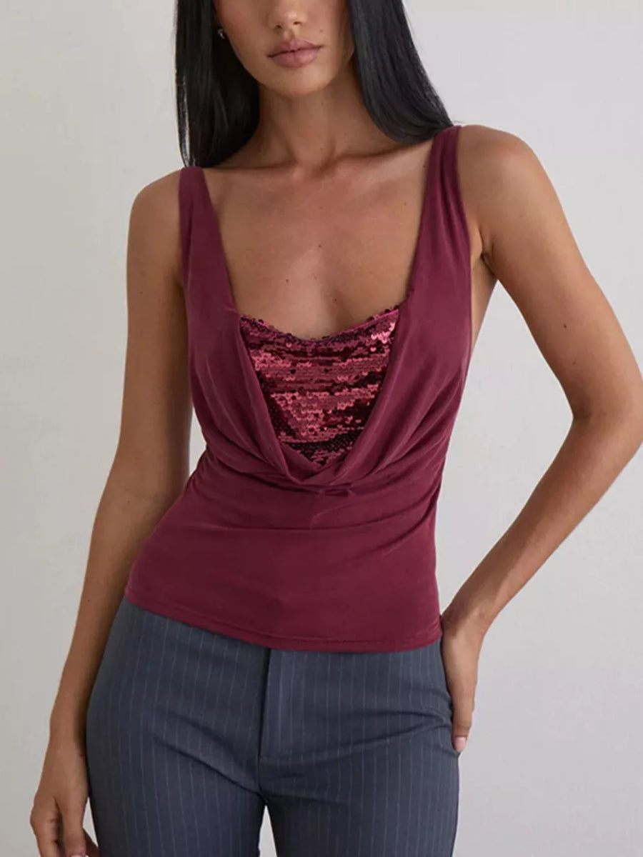Burgundy sequin ruched cowl neck tank top with a draped neckline.