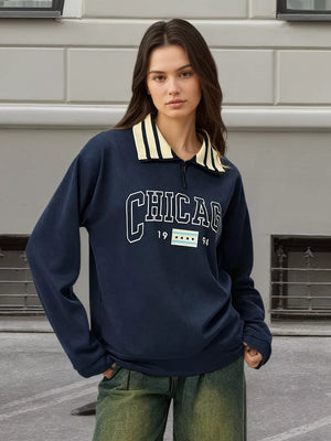 Graphic Sweatshirt With Striped Collar in Dark Blue