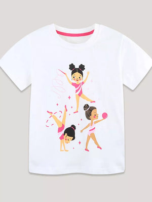 White cotton t-shirt with playful gymnastics graphic, pink trim, short sleeves