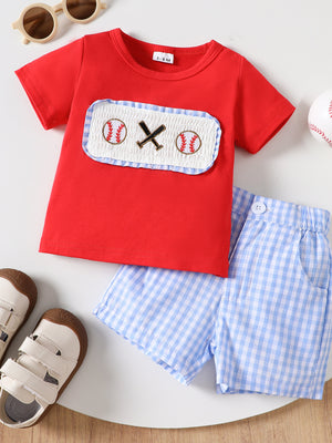 Red baseball graphic tee and blue gingham shorts set for baby