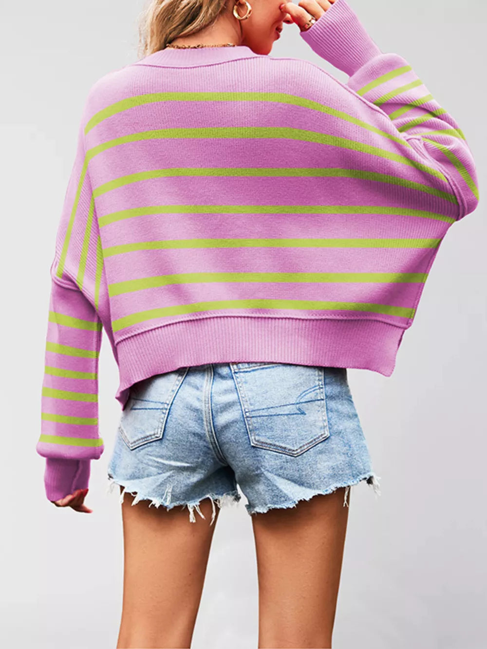 100% polyester Care instructions: Machine wash cold crewneck sweater in Blue And Green Color Matching with relaxed silhouette