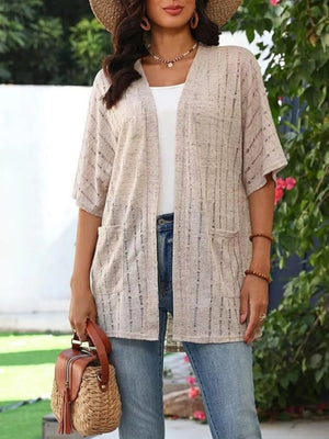 Openwork Open Front Cardigan in Khaki, view 21