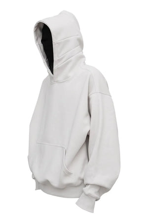 Light gray oversized slouch hoodie with kangaroo pocket and black lining.
