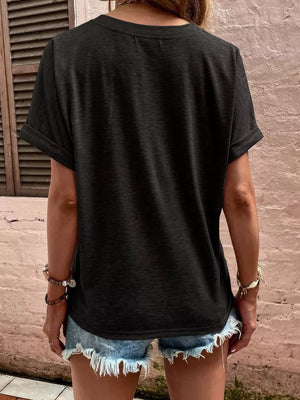 Green Full Size Notched T-shirt With Rolled Sleeves