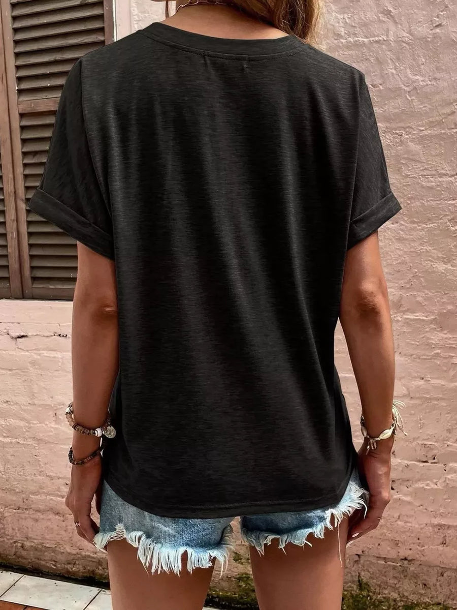 Green Full Size Notched T-shirt With Rolled Sleeves