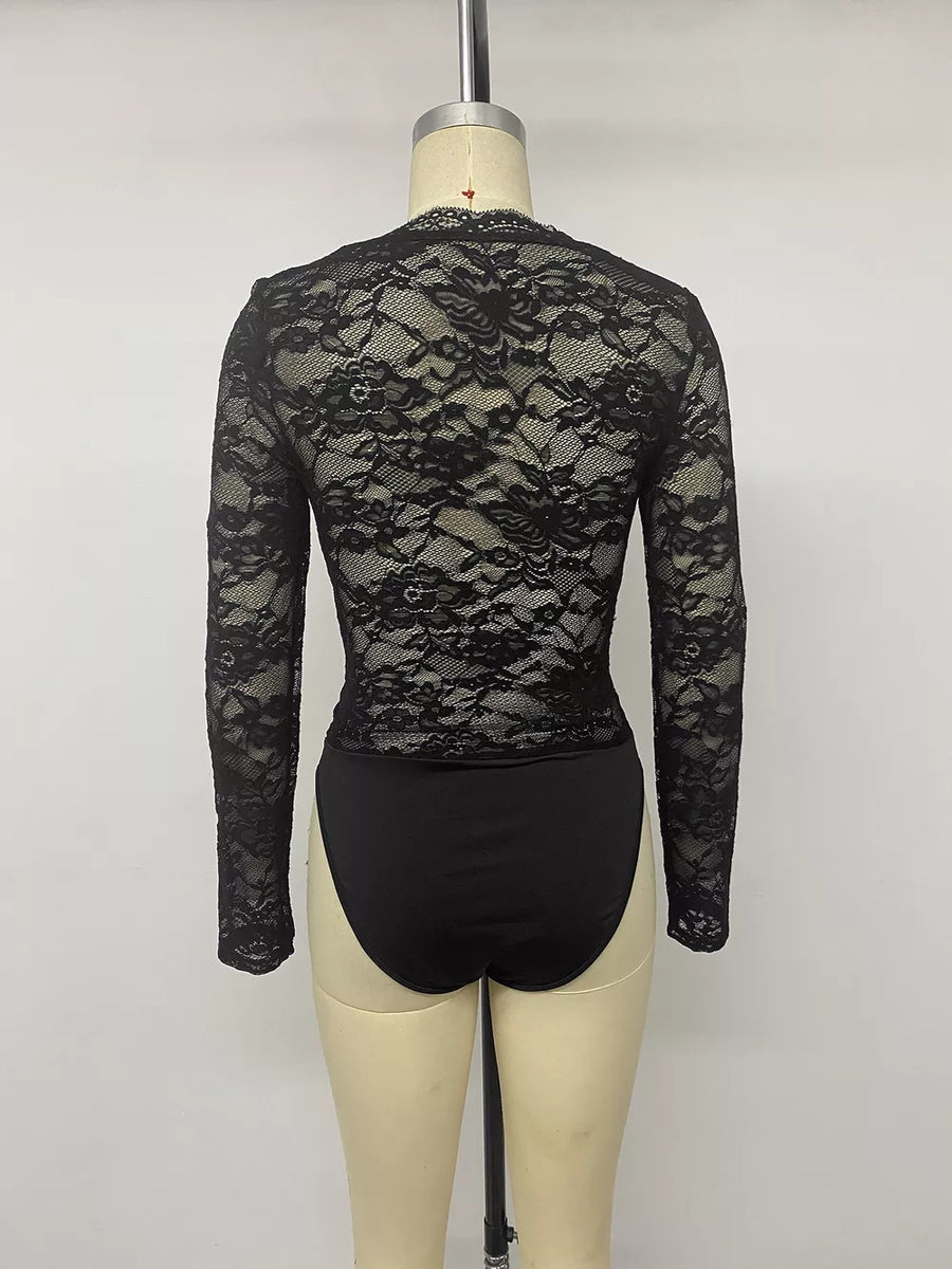 Black lace long sleeve bodysuit with solid bottom