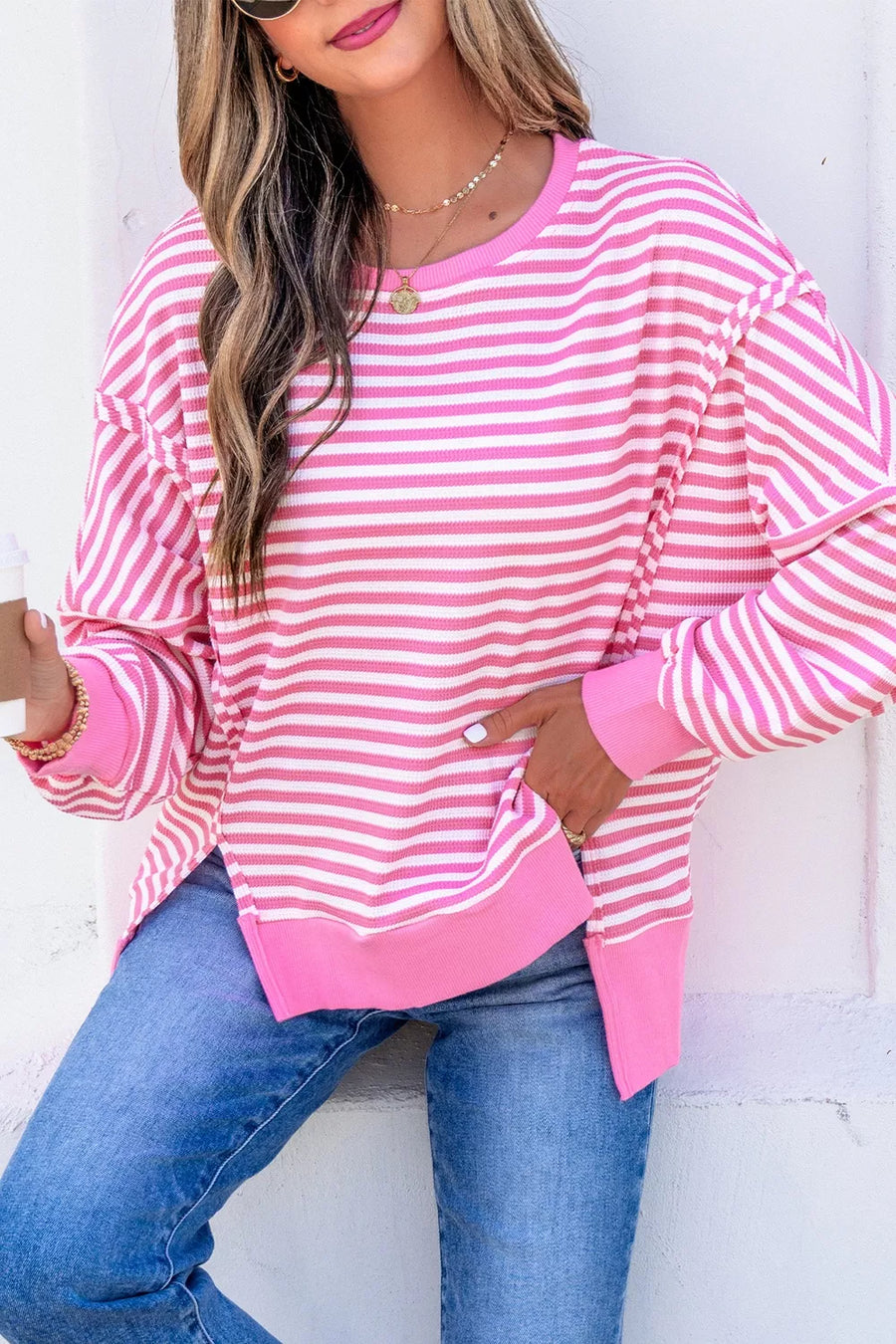 Stripe Textured Knit Color Block Long Sleeve Top option 8