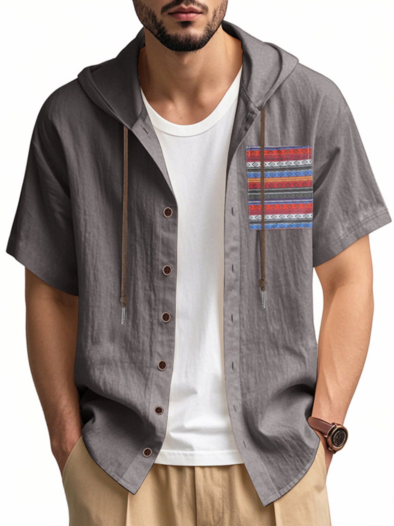 Men's dark gray hooded shirt with patterned chest pocket and button front.