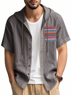 Men's dark gray hooded shirt with patterned chest pocket and button front.