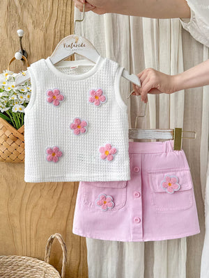 Orange-red Children's Flower Sleeveless Top And Skirt Set