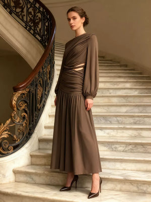 Brown Ruched Long-sleeve Maxi Dress With Cutout