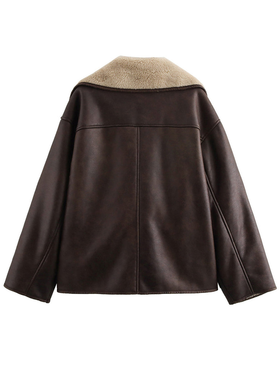 Chocolate aviator jacket with shearling collar and trim, oversized fit.