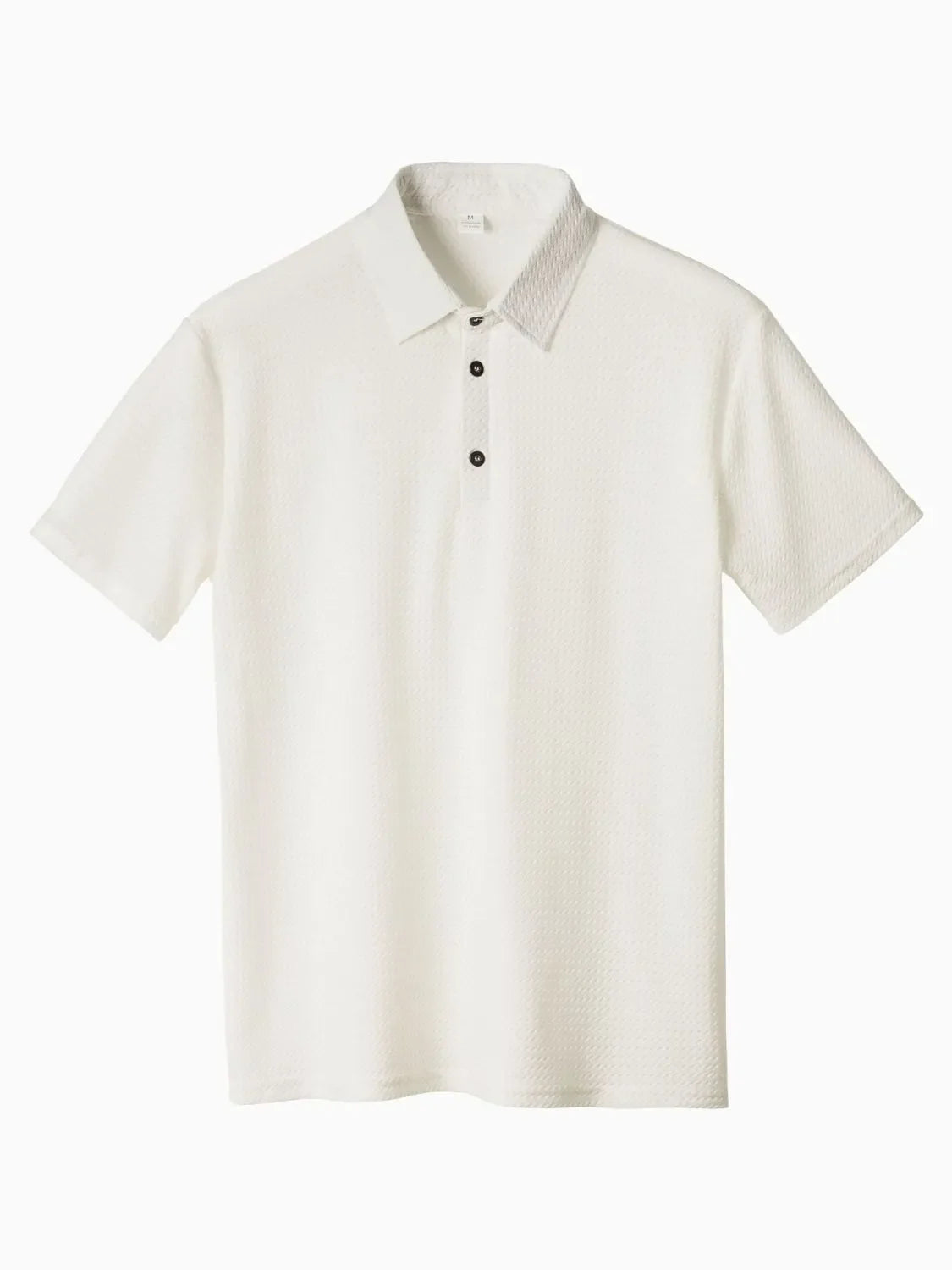White textured pique polo shirt with refined collar and dark buttons.