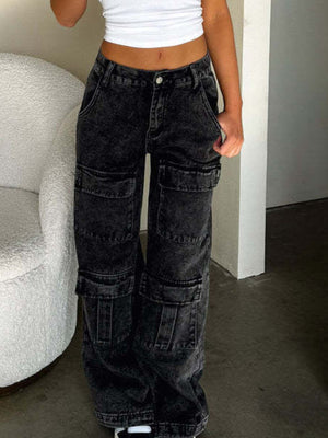 High-Waisted Wide-Leg Cargo Jeans in light blue with pocketed