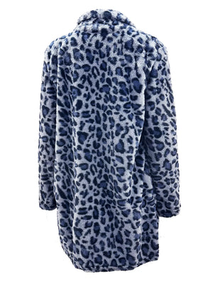 Blue faux fur coat with thigh-length and open-front