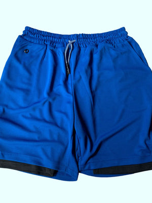 Blue dual-layered performance shorts with phone pocket and drawstring.