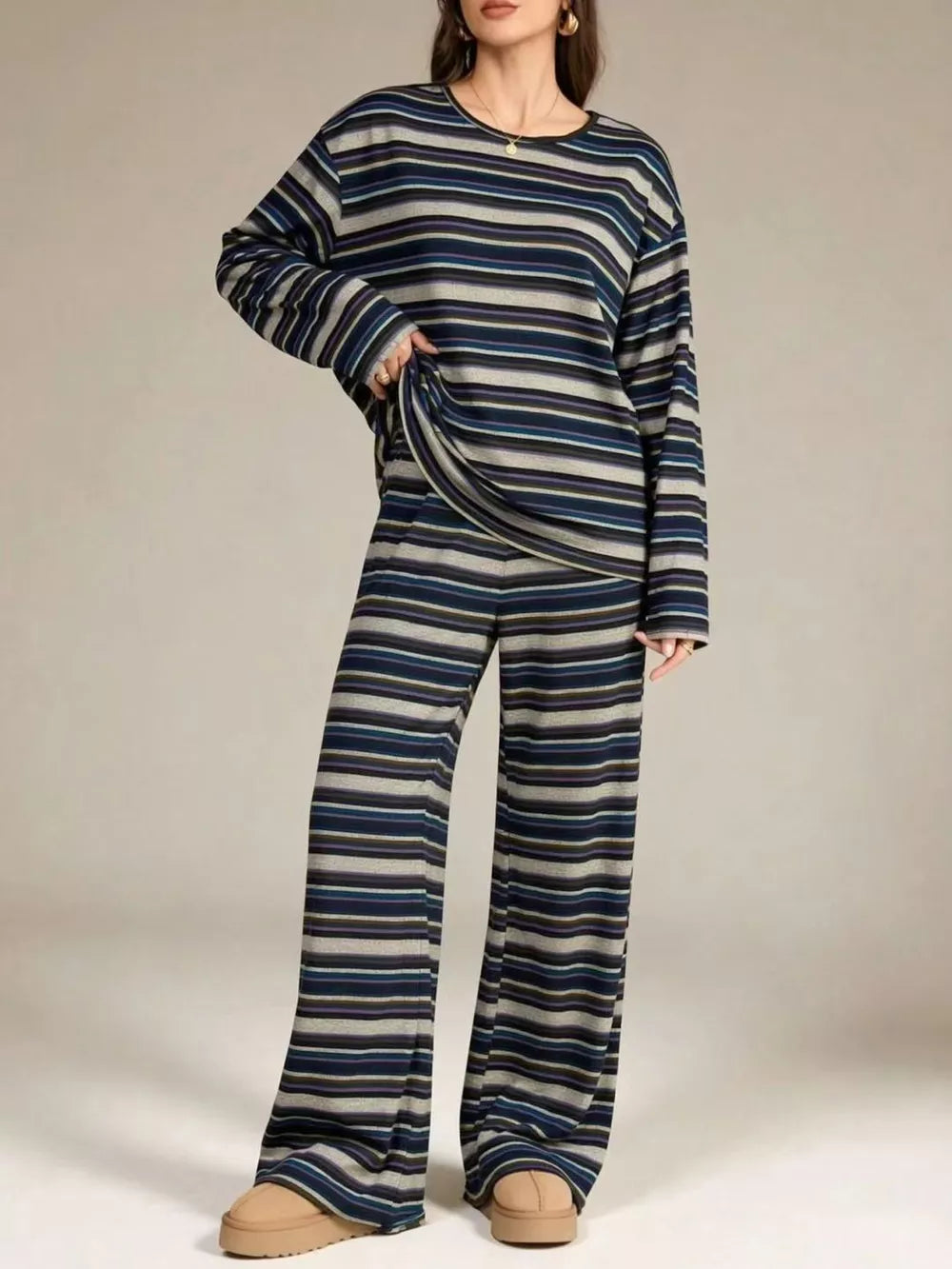 dark brown relaxed pajama set with crew neck