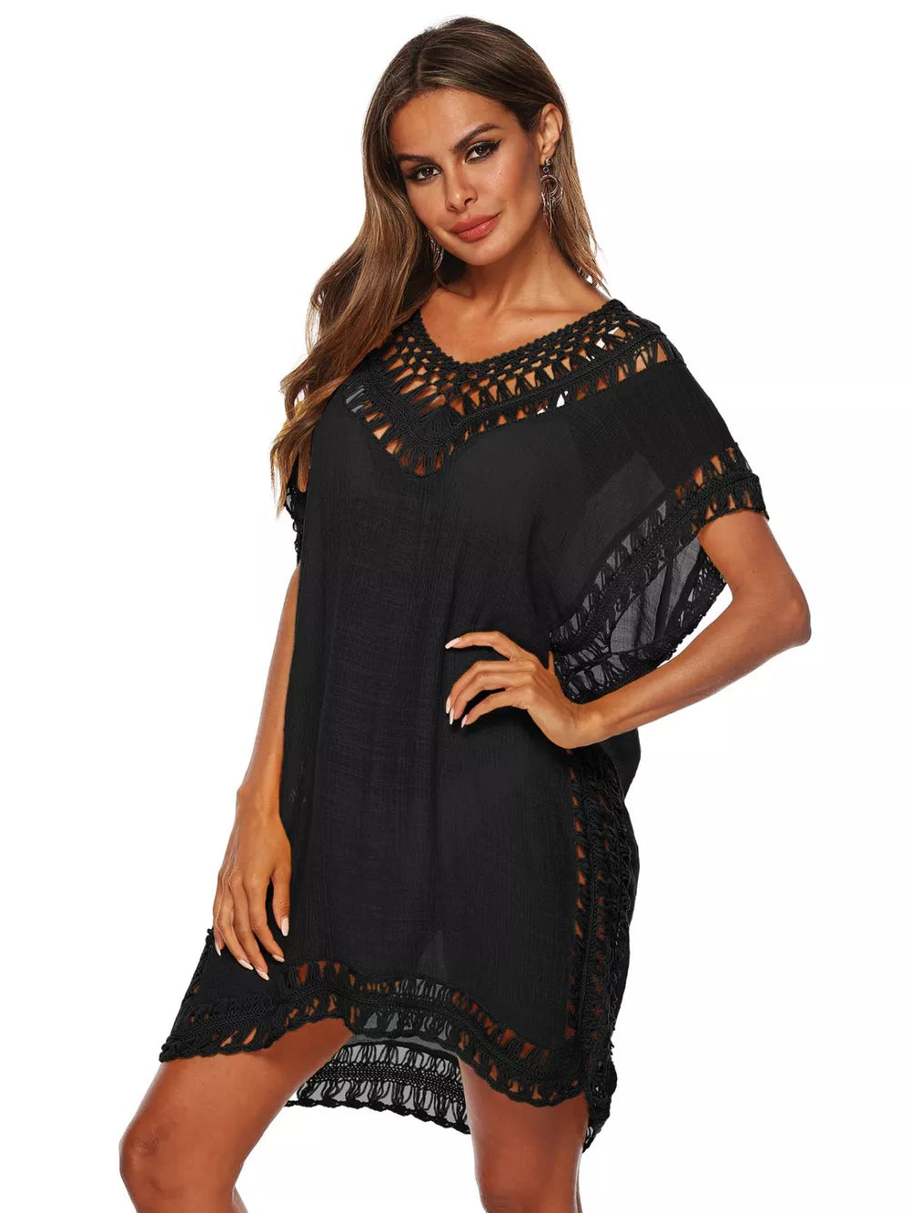Black crochet V-neck cover-up dress with short sleeves and fringe trim.