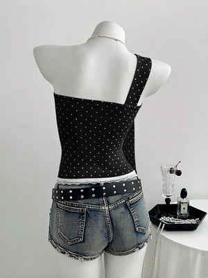 Black with Polka Dot One-shoulder Cami