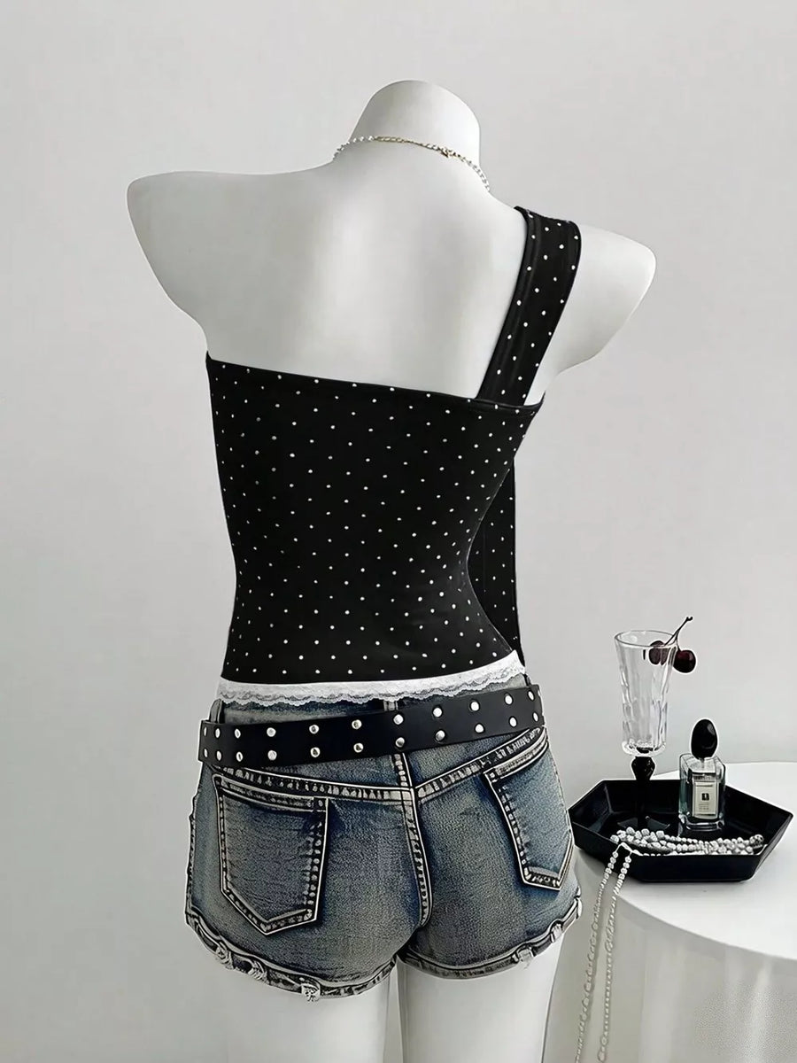 Black with Polka Dot One-shoulder Cami